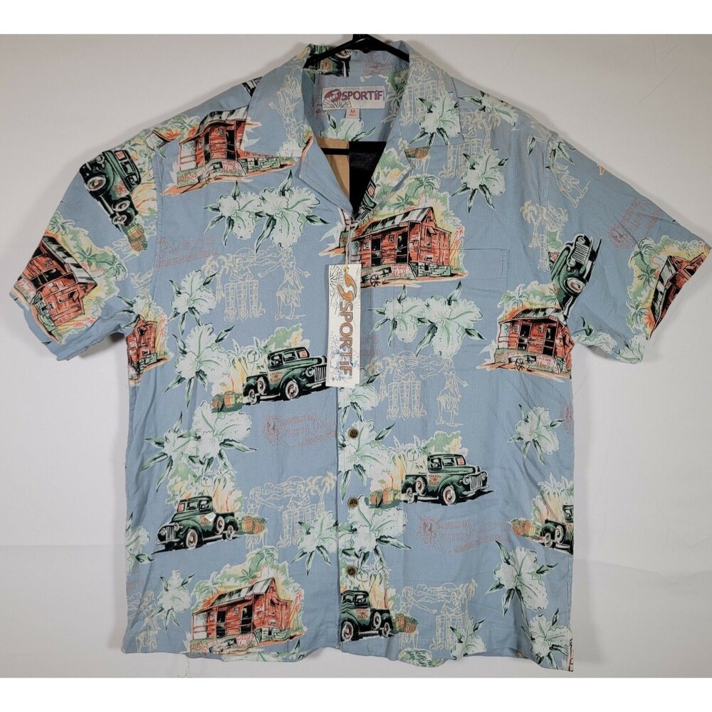 VTG New Sportif Hawaiian Polo Shirt Charlies Beach Shack Rum Montego Bay Button